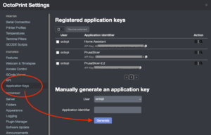 OctoPrint Application API settings